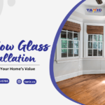 Bay window showcasing quality window glass installation and elegant crown molding.