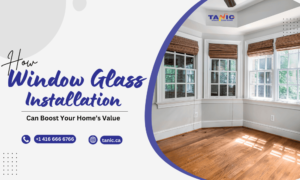Bay window showcasing quality window glass installation and elegant crown molding.