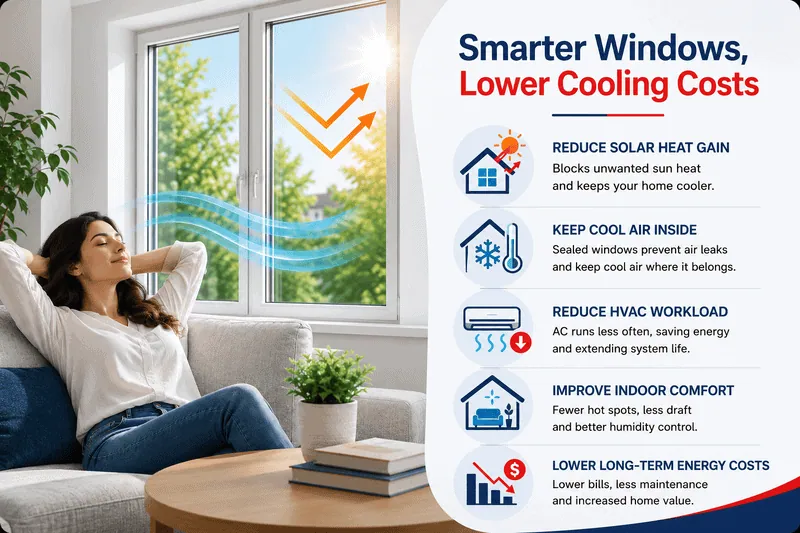 Energy-efficient windows reducing solar heat gain, HVAC workload, and long-term cooling costs